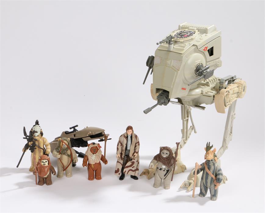 Star Wars Return of the Jedi Scout Walker, Han Solo in trench coat, speeder bike, Teebo, Wicket W.