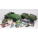 Collection of Dinky, Matchbox and other toy cars, tractors, military vehicles etc. two large green