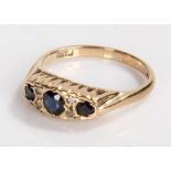 9 carat gold sapphire set ring, with three sapphires, ring size N