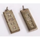 Two silver ingots, with assay marks to the front, 31 grams each, (2)