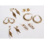 9 carat gold earrings, six pairs of various designs, 5.5 grams