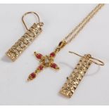 9 carat gold jewellery, to include a pair of earrings and a cross with chain, 2.8 grams