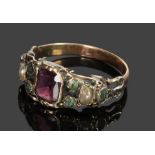 Victorian gemstone ring, with a central amethyst flanked by green stones and pearls, ring size P