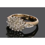 9 carat gold diamond set ring, with a cluster of diamonds to the head, ring size L