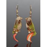 Pair of yellow metal and bird feather earrings, as birds with green and grey feathers with a