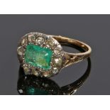 19th Century emerald and diamond set ring, the central, emerald cut, emerald with a diamond