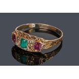 Victorian 15 carat gold gem set ring, set with amethyst, emerald and pearls, stones missing, ring