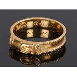 19th Century mourning ring, with hand clasps to the head, with the internal text Maria Cooke Obit