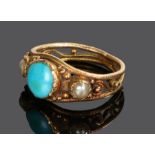 Turquoise and pearl ring, set into yellow metal with arched design, ring size A 1/2