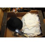 Bowler hat, baby clothes, napkins, table cloths, plated flatware, brass hooks etc. (qty)