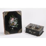 Victorian papier mache jewellery box, the shaped domed mother of pearl inlaid top opening to