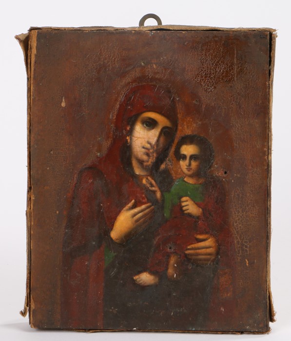 19th Century Madonna and child, oil on panel with suspension hook, unsigned possibly Greek 14cm x