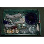 Glassware to include blue glass bowl, champagne flutes, jugs etc.