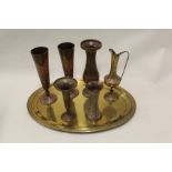 Metal ware to include brass tray, Indian brass vases with polychrome scroll decoration (qty)