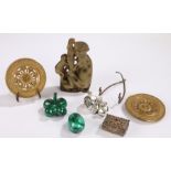 Malachite stylised gourd, malachite egg, white metal trinket box and cover, plated pomegranate,