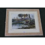 A watercolour by the artist Jan Wasilewski showing a forest scene with pond, 38 cm x 27 cm .(after