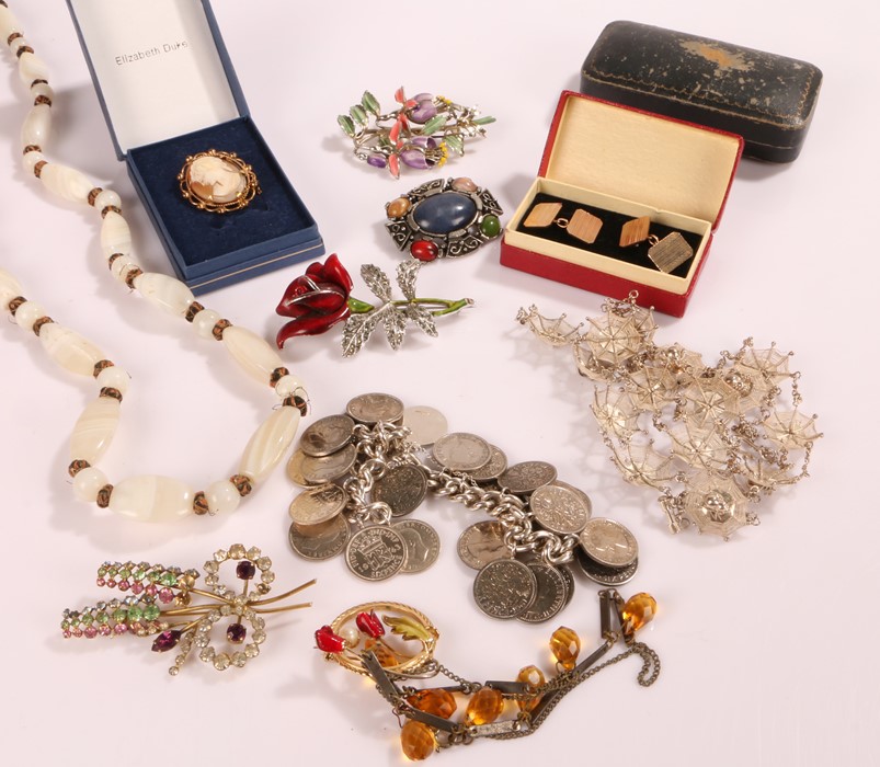 Collection of costume jewellery, to include necklaces, brooches coin bracelet, etc, (qty)