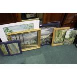 Collection of paintings, oils on board, watercolours, prints, (8)