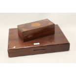 Edwardian mahogany and fan marquetry inlaid box, the hinged lid opening to reveal a green velvet