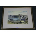 A watercolour by the artist Jan Wasilewski of the Menai Bridge, North Wales, 34 cm x 25 cm .(after