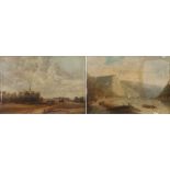 Victorian pair of oils to include an estuary scene with two sailing boats, a barge, with people on