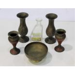 Two pairs of indian brass vases, Indian brass bowl, Ricard anisette glass bottle (6)