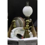 Converted oil lamp, together with two glass shades and brass ware, (qty)