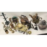 Brass footman, copper kettle, candlesticks etc. (qty)