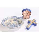 Two 19th Century pottery Holy Water flasks, together with a Spode transfer decorated dish, (3)