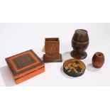 Treen, to include a barrel on stand with a tap, a match box holder with a dog and bird decorated