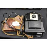 Kodak Brownie 127 camera, Kodak Instamatic 277X camera, Agfa camera in a brown leather case (3)