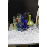 Glasses, to include two decanters, ten dessert dishes, a vase, pot, together with a collection of