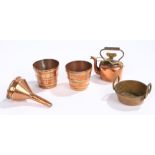 Miniature 19th Century copper items, to include a copper kettle, a pan, two copper and brass bound