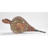 Pair of 19th Century bellows, with acanthus leaf carved handle, the body carved with cupid and a