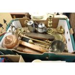 Brass companion set, brass candlestick, loom shuttle, brass cribbage board, copper kettle and