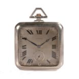 Longines sterling silver open face pocket watch, the square case with rounded corners, the signed