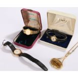 Three ladies wristwatches, Seiko quartz, Lorus quartz, Timex manual wound, Jean Renet necklace watch