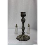 Pair of white metal mounted glass cruet bottles, together with a plate on brass candlestick, with