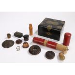 Treen and works of art, to include an acorn thimble case, an ointment pot, seal cases, a collapsible