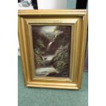 Oil on canvas depicting a waterfall, housed in a gilt frame, the oil 18.5cm x 28cm