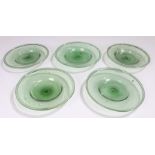 Five 18th Century green glass dessert plates, broad folded rim, 18.5cm diameter (5)