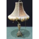 Reading lamp with feather edged shade, pierced brass and glass stem