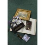 Oil on canvas, riverside scene, book on watercolours, book stand, desk stamp, metal dish (4)