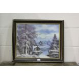 A.W. Ross, snowy landscape scenes, pair of signed oils on canvas, housed in gilt and mahogany effect