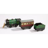 Hornby O gauge engine 45746 and tender in green livery, burgundy carriage (3)