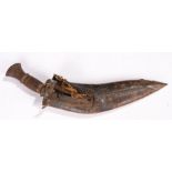 Middle Eastern Kukri, with turned wooden handle and scabbard containing two smaller knives, 41cm