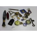 Three pocket watches, three wrist watches, pocket watch chain, Newmarket race ckub 1969 badge,