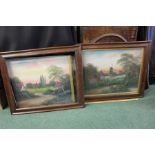 Pair of oils on board, landscape scenes, housed in glazed oak frames, the oils 46cm x 36.5cm