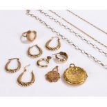 9 carat gold jewellery, to include earrings, a cameo ring and chains, also together with a yellow