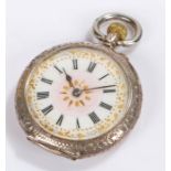 Silver open face pocket watch, with a white enamel dial